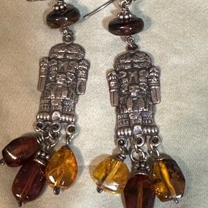 STERLING ARTISAN AZTEC THEMED ‘COATLICUE’ AMBER DANGLE EARRINGS